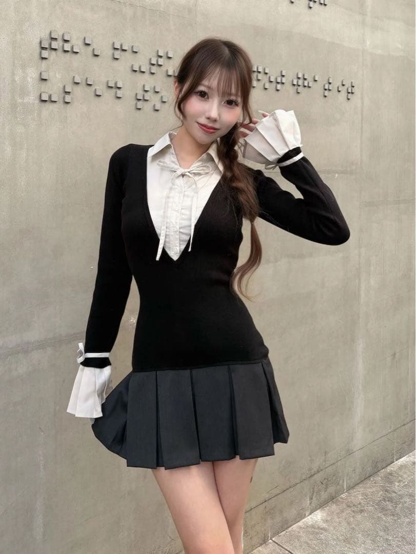 新品タグ付 ダーリッチ シャツドッキングプリーツミニワンピース ブラック フリー