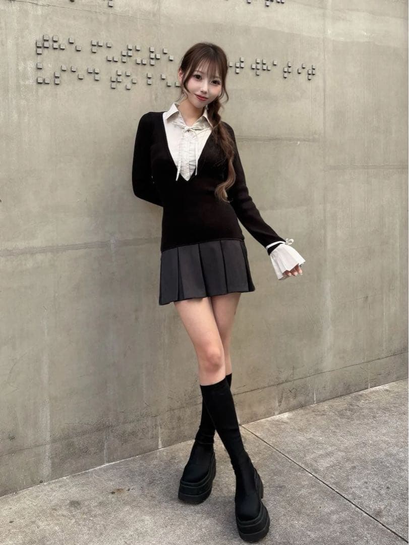 新品タグ付 ダーリッチ シャツドッキングプリーツミニワンピース ブラック フリー