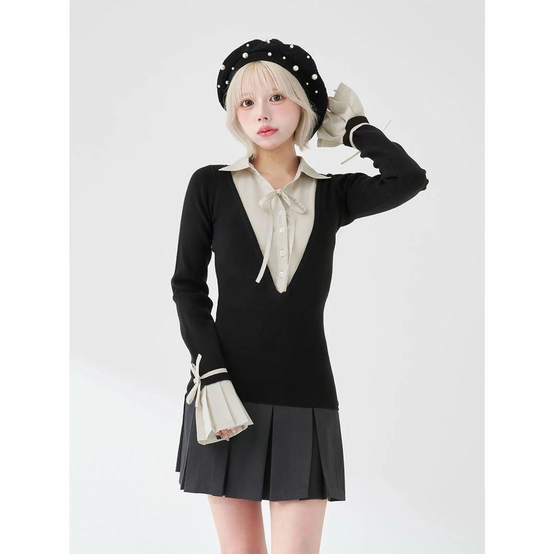 新品タグ付 ダーリッチ シャツドッキングプリーツミニワンピース ブラック フリー