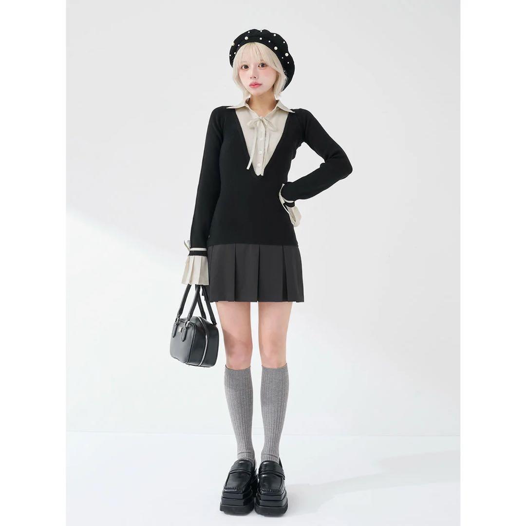 新品タグ付 ダーリッチ シャツドッキングプリーツミニワンピース ブラック フリー