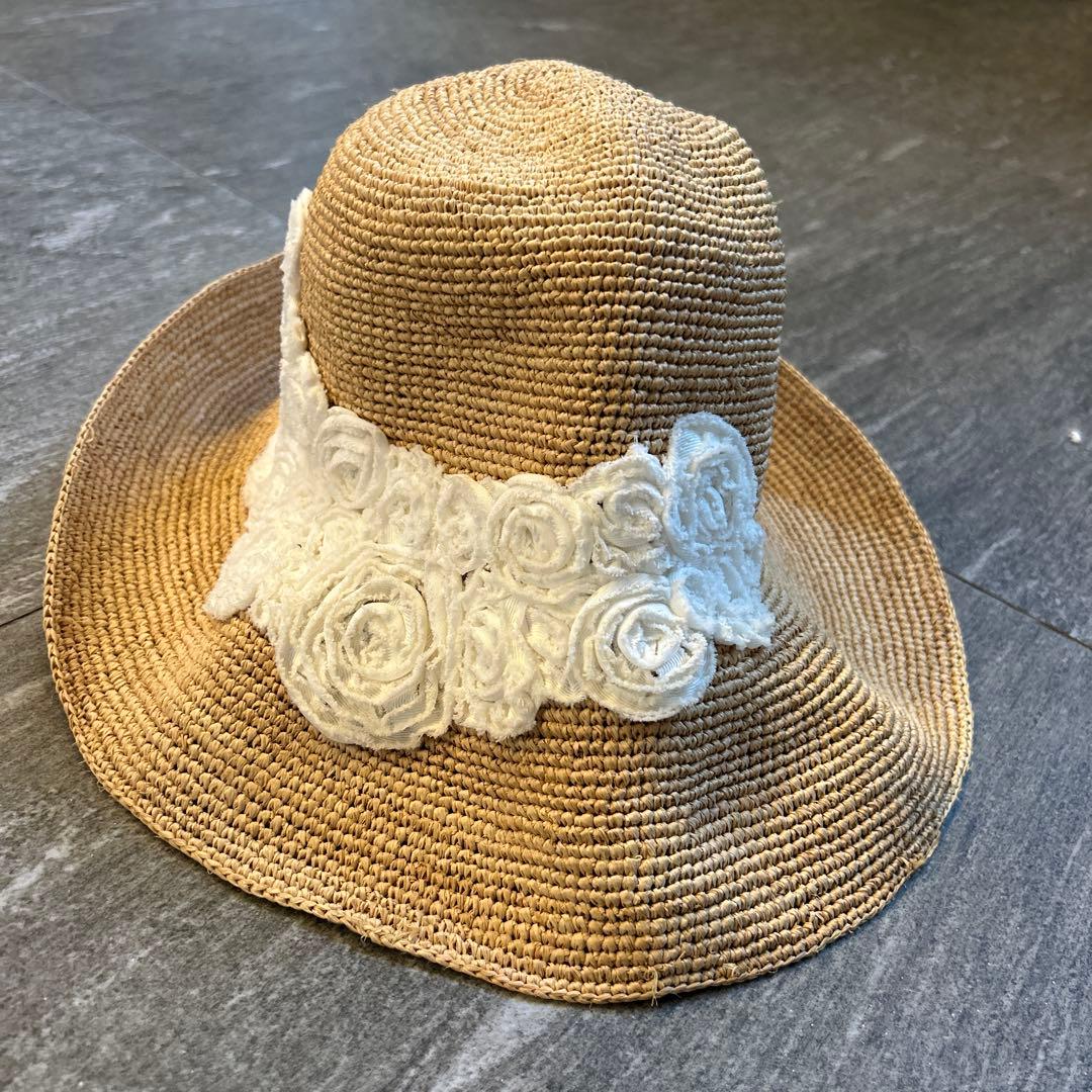 美品　アシーナニューヨーク　麦わら帽子　フラワーレースハット　花柄　白