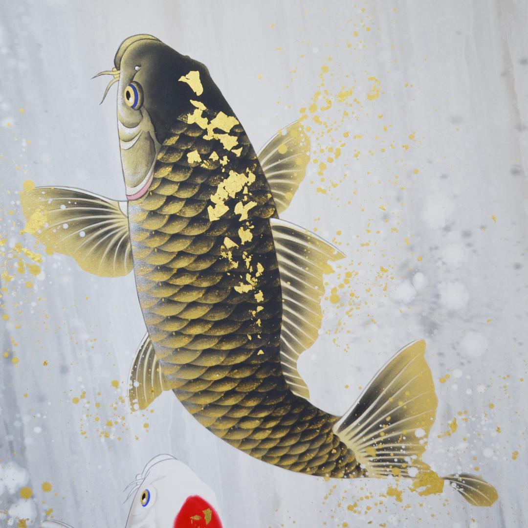 美品 掛軸 広森耕仁 夫婦鯉の滝昇り 二重箱