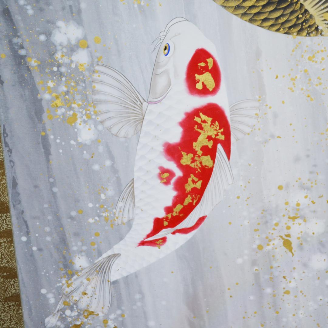 美品 掛軸 広森耕仁 夫婦鯉の滝昇り 二重箱