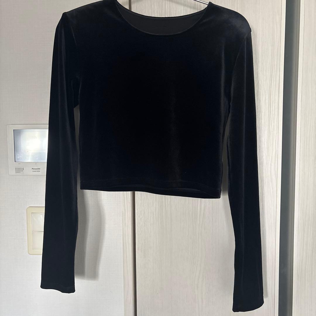 【minami】アニュアンスベロアクロップドカットトップス - BLACK