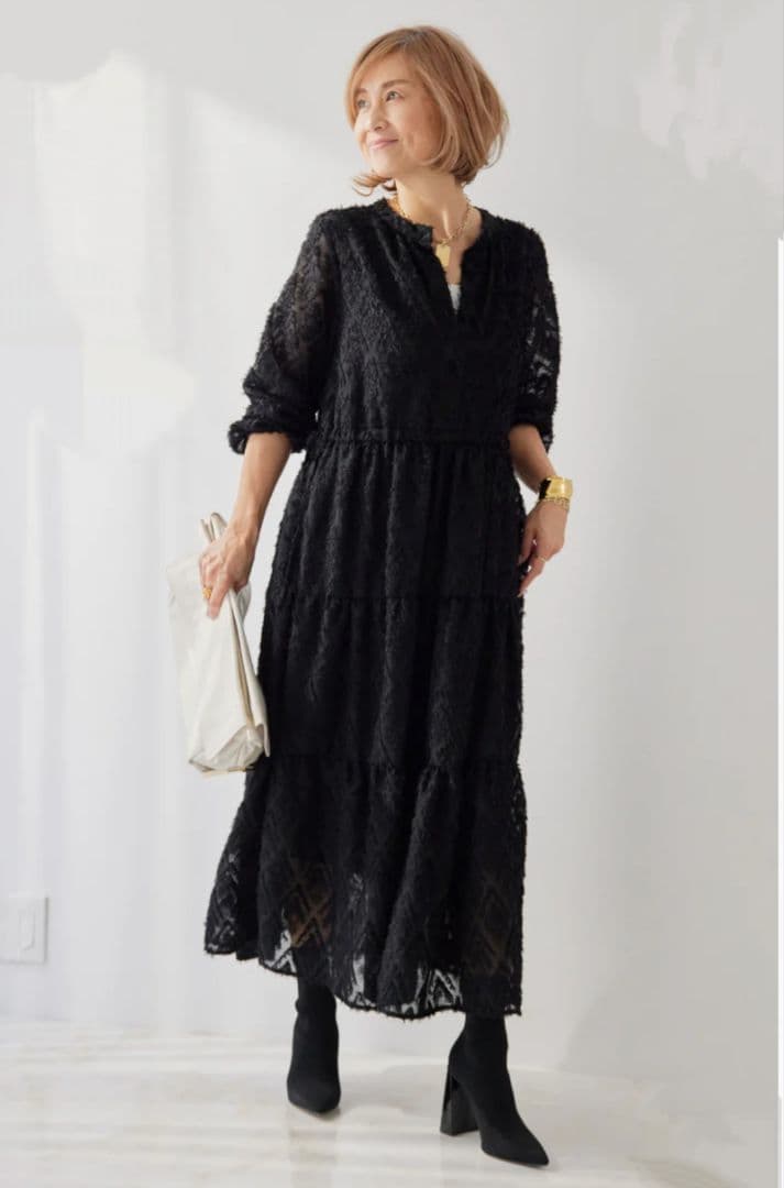 【新品】プラスオトハ PLUS OTO.HA ジャガードロングワンピース 黒