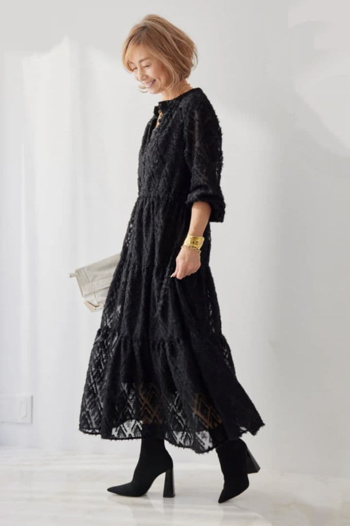 【新品】プラスオトハ PLUS OTO.HA ジャガードロングワンピース 黒