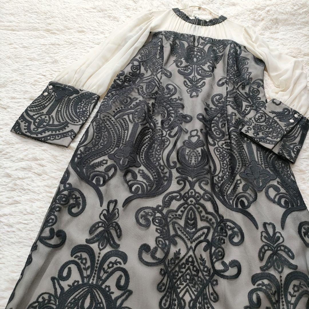 【美品】 アンドレスド　ダマスク　ギャザー　ドレス　ワンピース　刺繍　L