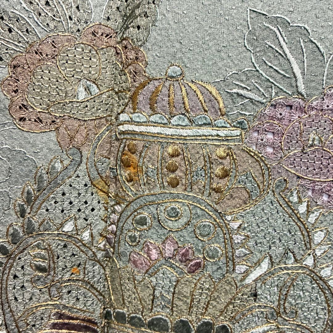 D53 訪問着 総刺繍 汕頭・蘇州・相良刺繍 花模様 正絹 着物 袷 極美品