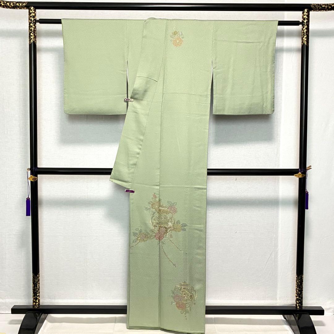 D53 訪問着 総刺繍 汕頭・蘇州・相良刺繍 花模様 正絹 着物 袷 極美品