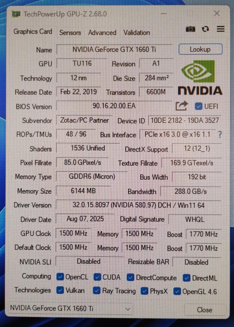 グラボ/GTX1660Ti 6GB/動作確認済み/FFベンチ完走/送料無料[9]