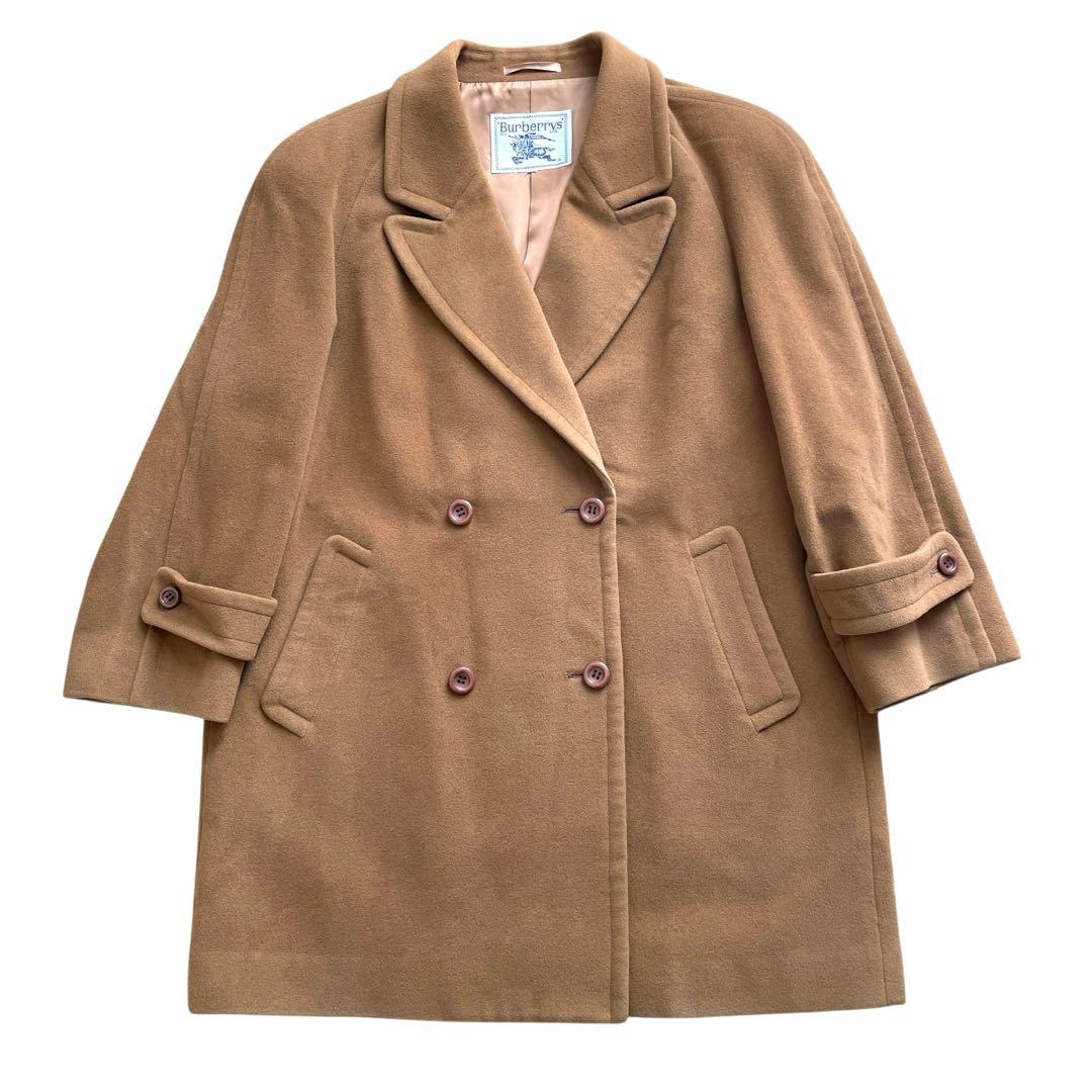 好配色 美品90s Burberry カシミヤ混 ハーフコート ダブル キャメル