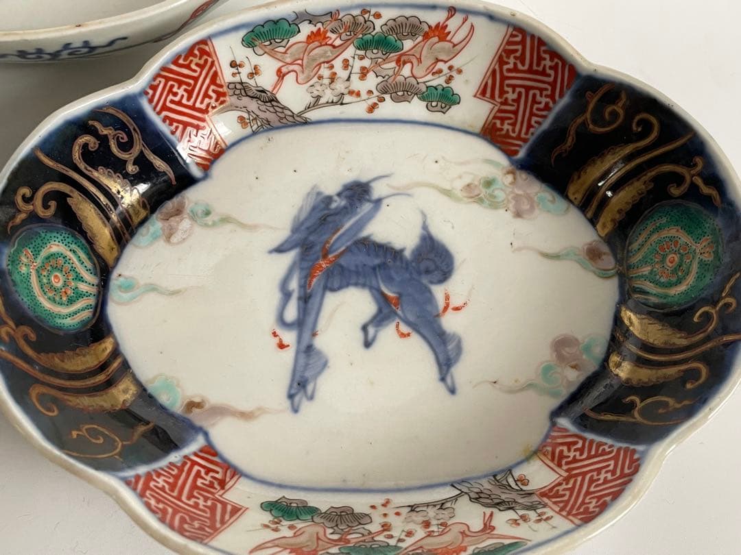 骨董　アンティーク　古伊万里　色絵　麒麟図　木瓜形　変形皿　向付　膾皿　3枚