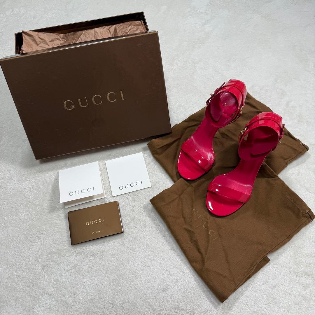 GUCCI ホースビット エナメル ヒール サンダル ピンク 35