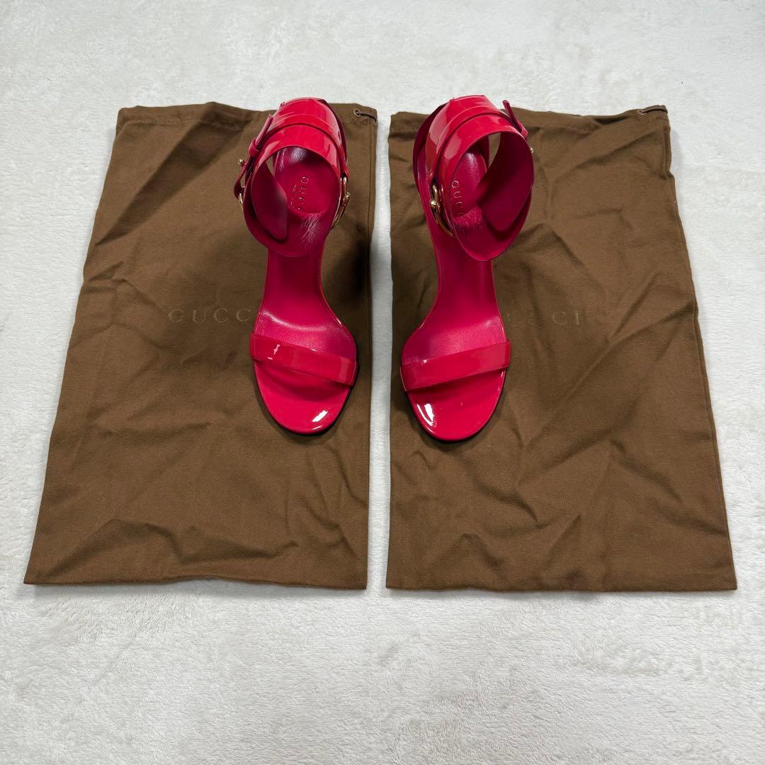 GUCCI ホースビット エナメル ヒール サンダル ピンク 35