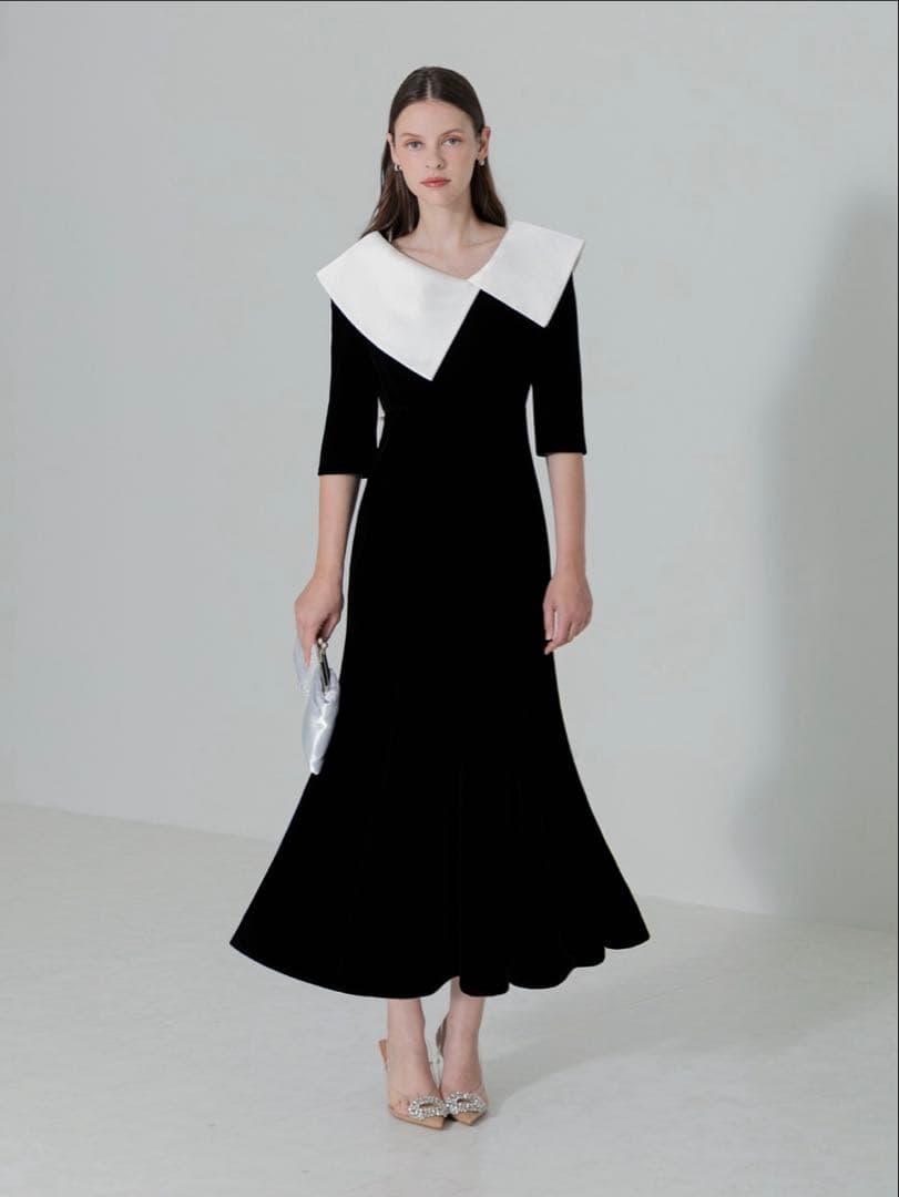 LEJA アシンメトリービッグカラーベロアマーメイドワンピースドレス