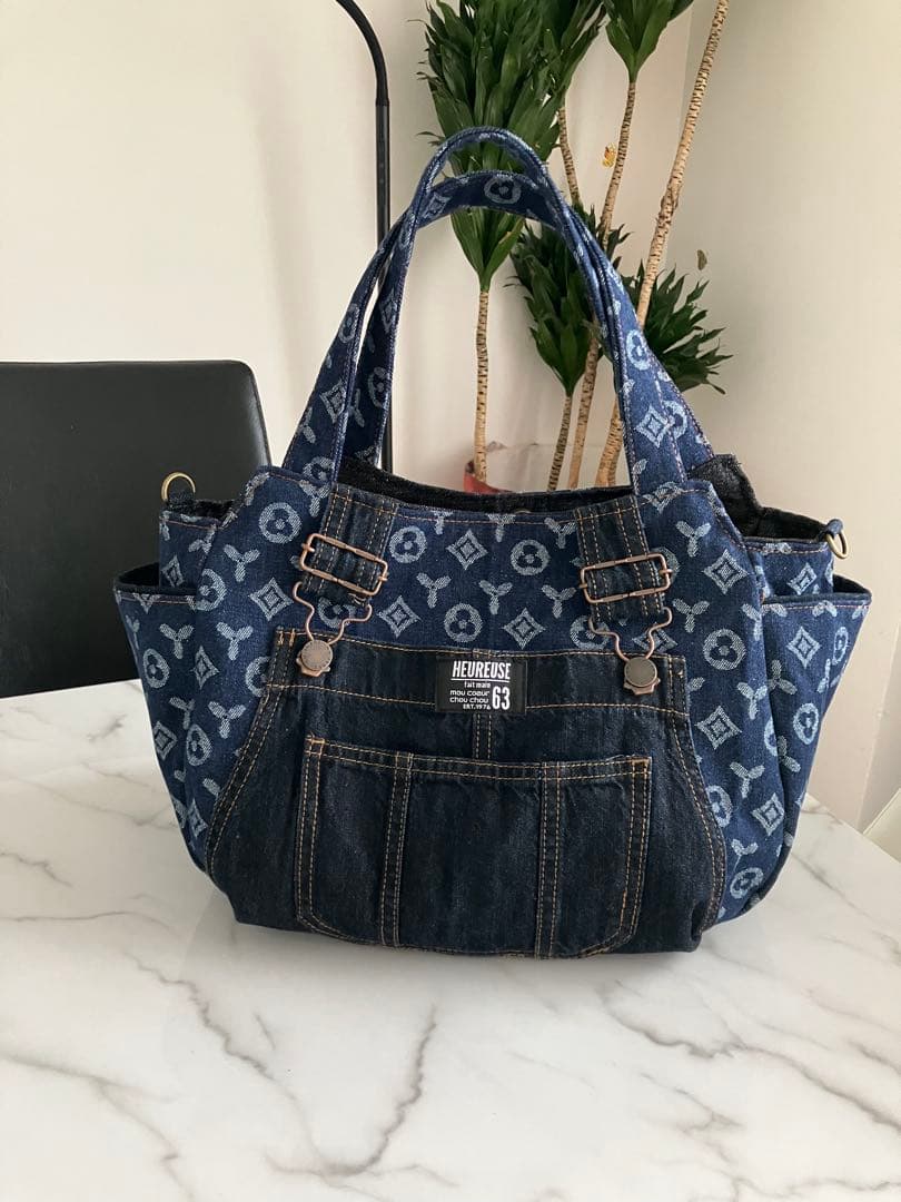 864 しま　デニムリメイクバック　ハンドメイド　4点