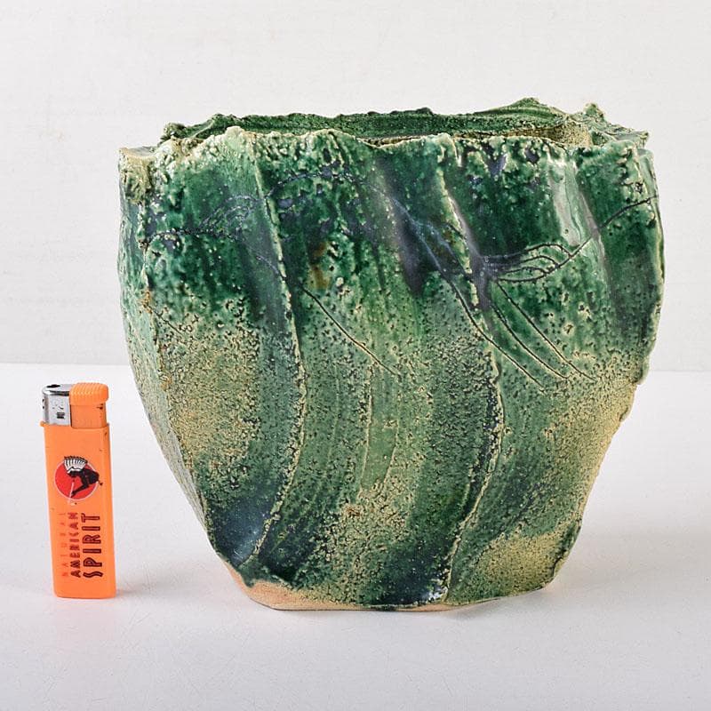 わさび　織部焼　加藤敬也作　花生　扁壷　共箱　V　8184