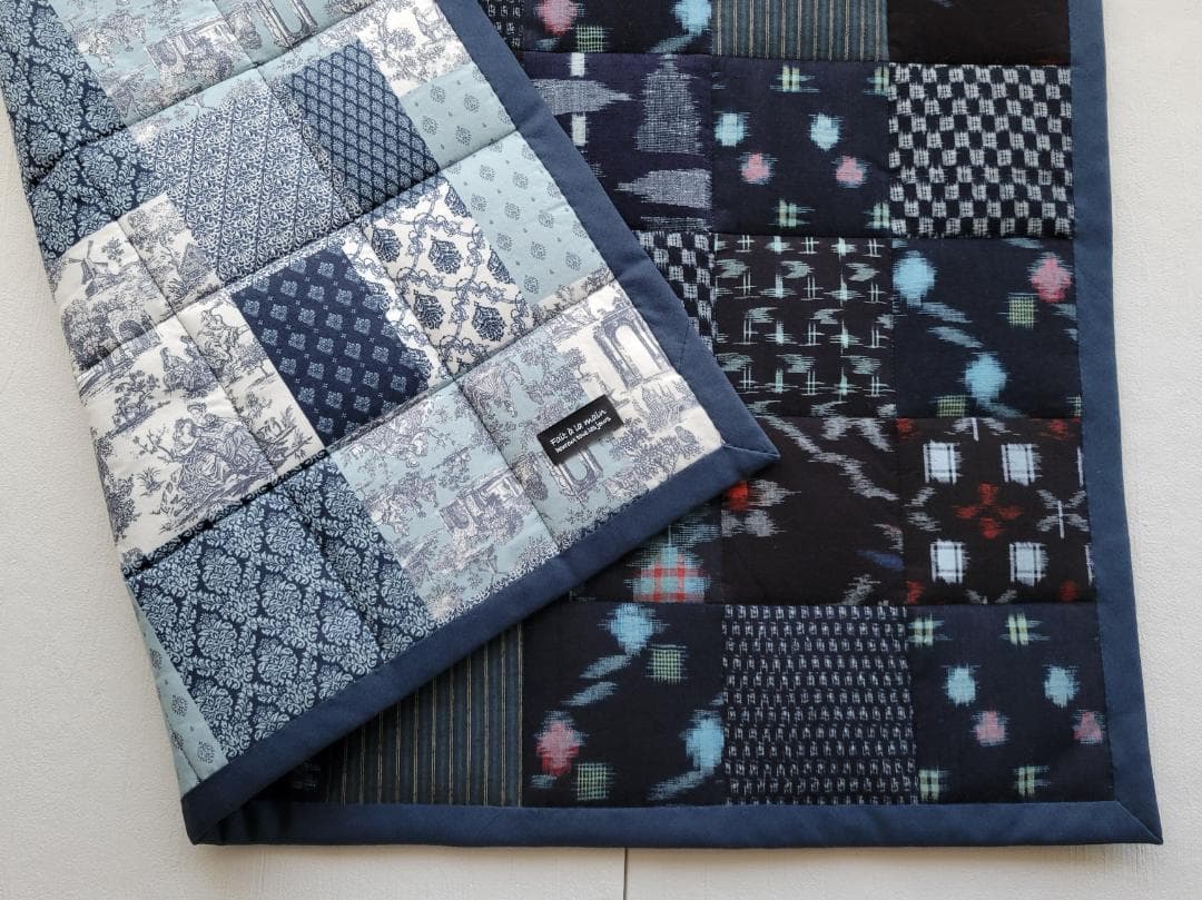 卵かけごはん 四角つなぎのパッチワークマット もめん古布 2点