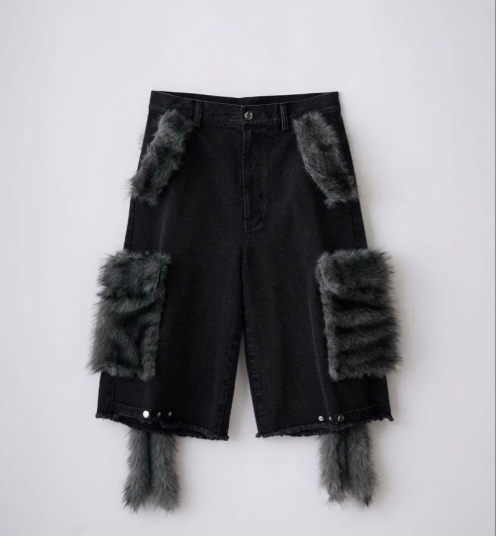 【GRANCY】ファーポケットデザインハーフデニムカーゴパンツブラック　L