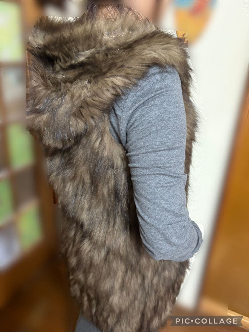 ブラウン系 フォックスファーベスト フード付き