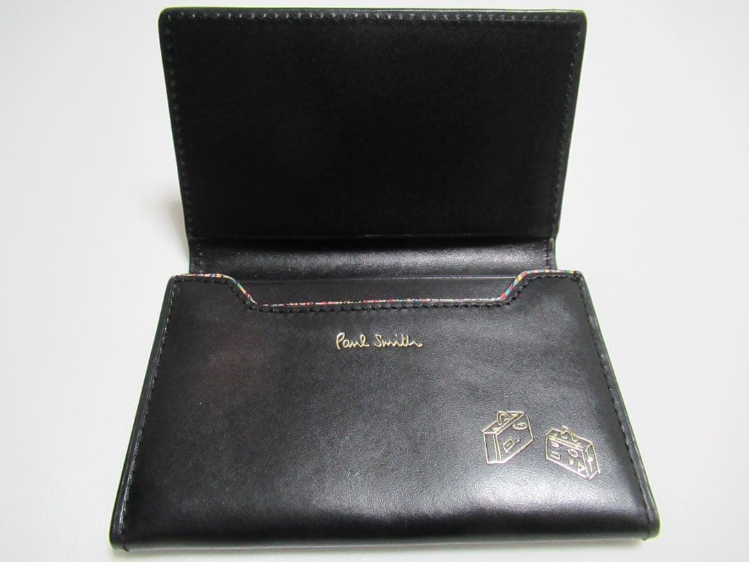 ポールスミス 新品訳あり！マルチストライプトリム牛革名刺入れ カードケース 黒