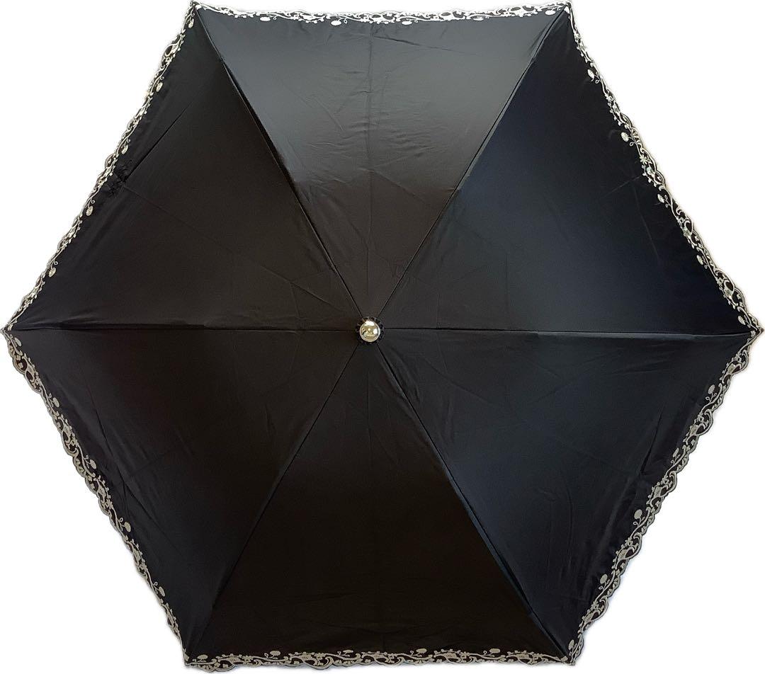 新品★ランバンコレクション★スカラップ刺繍晴雨兼用折りたたみ日傘 雨傘★ブラック