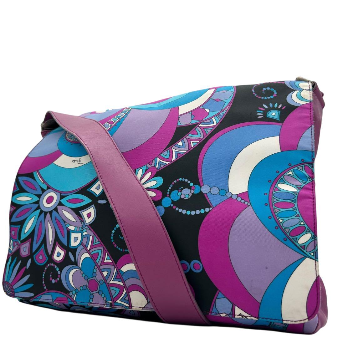 良品　エミリオプッチ　ショルダーバッグ　フラップ　花柄　青　紫　A4　斜め掛け