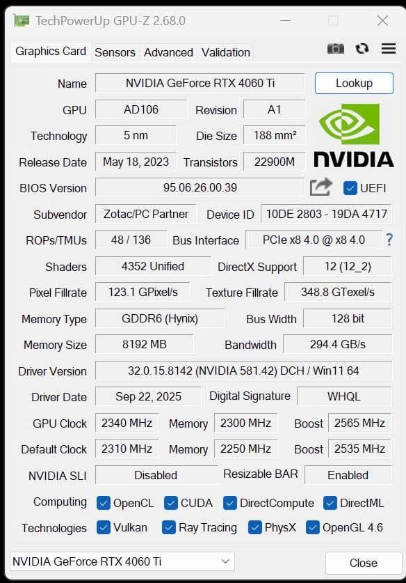 グラフィックボード・グラボ・ビデオカード ZOTAC GeForce RTX 4060 TI 8GB