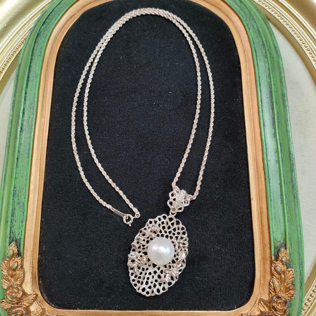 2AH93　真珠　925刻印　ダイヤモンド　ネックレス　シルバー