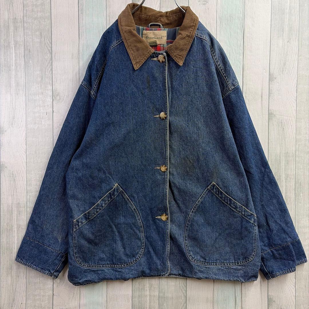 グレートランド デニムカバーオール 2XL コーデュロイ襟 チェック裏地