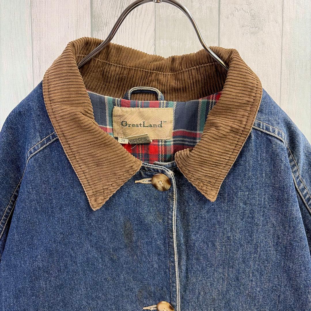 グレートランド デニムカバーオール 2XL コーデュロイ襟 チェック裏地