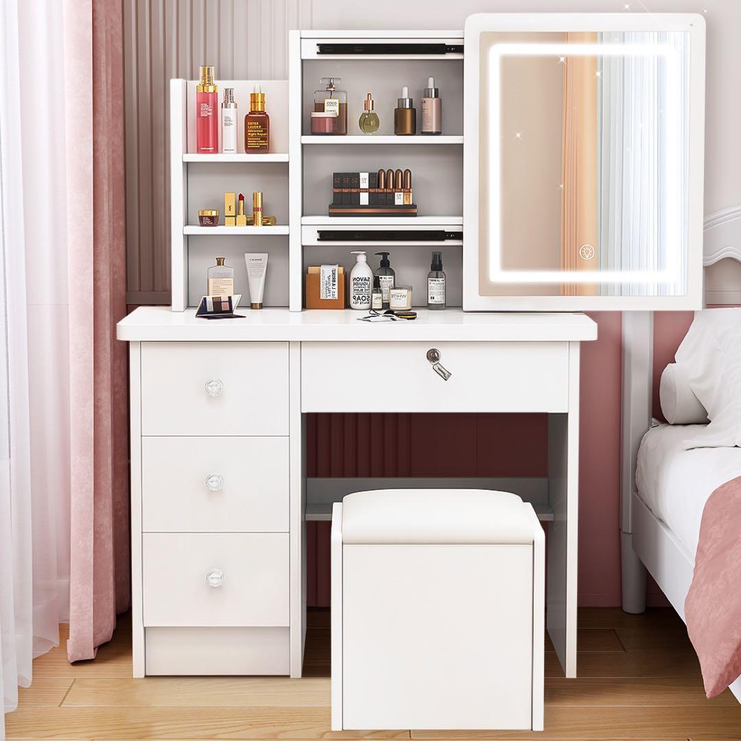 （本日限定）ドレッサー コンパクト 白 3色LED ライト収納沢山 化粧台