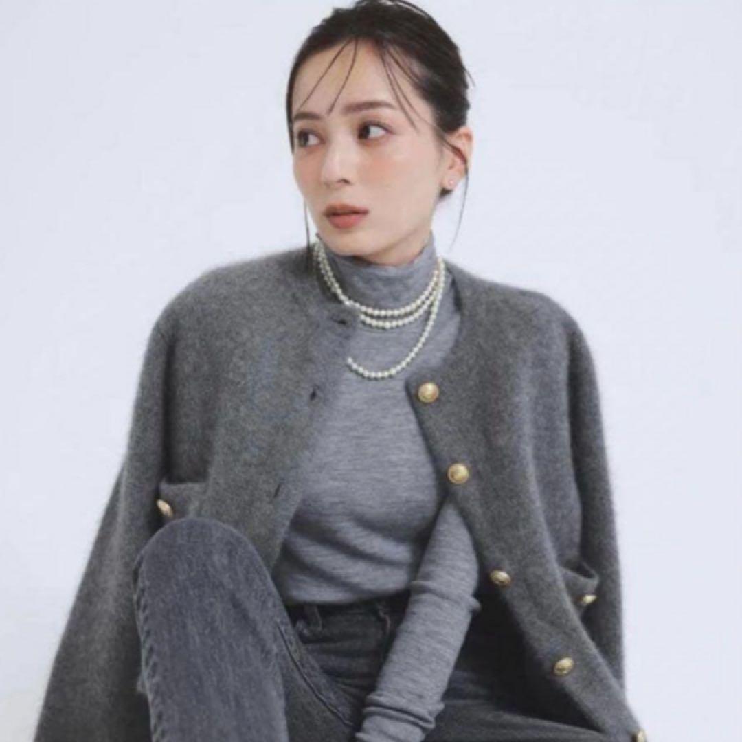 anuans ラクーンブレンドノーカラーニットジャケット　グレー