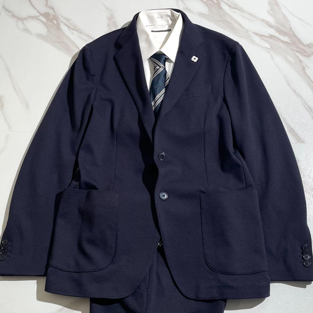 美品 LARDINI easy wear 新ロゴ スーツ ストレッチ ネイビー