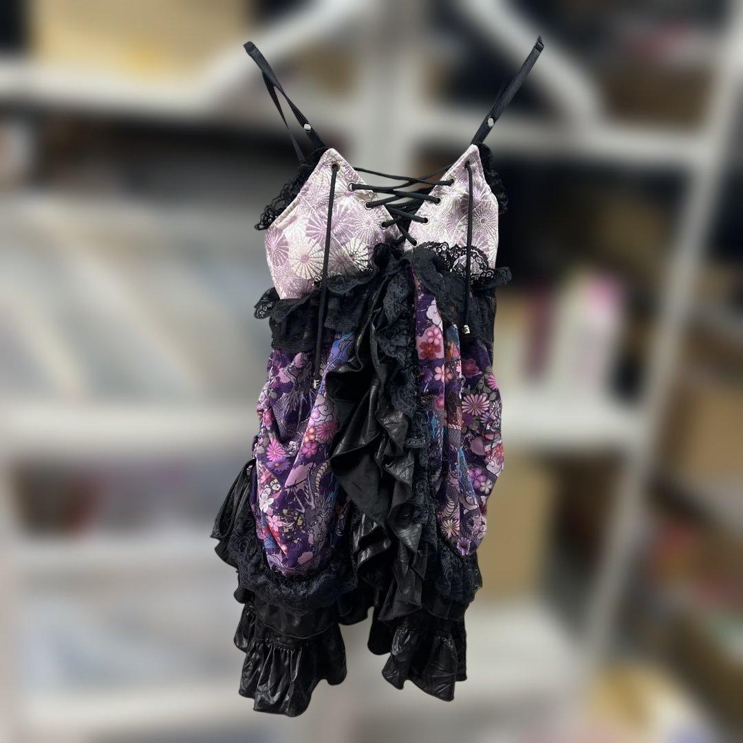 花柄フリルキャミソール 紫黒