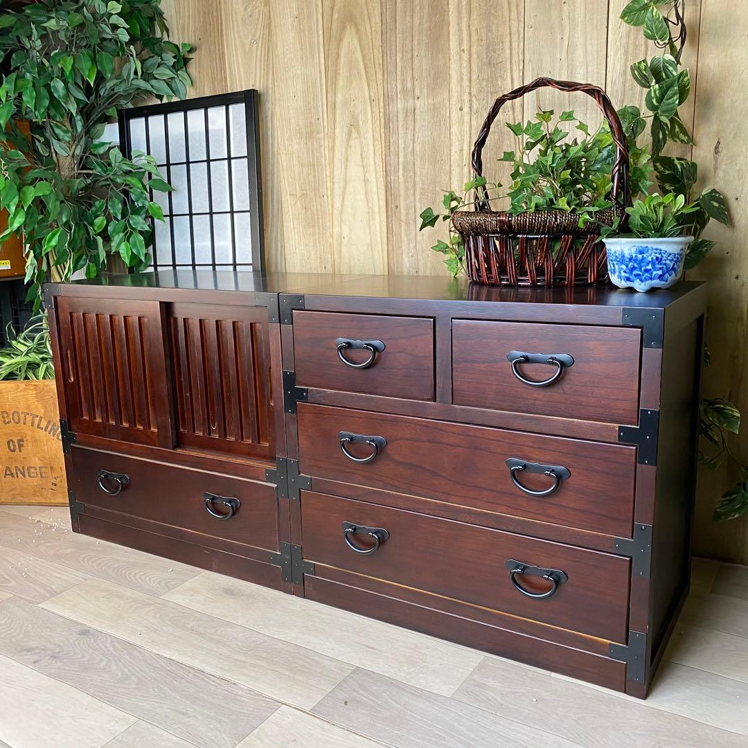 民芸家具和箪笥2点セット（三段四つ引き＋引き戸チェスト）木製桐材無垢和室和風総桐