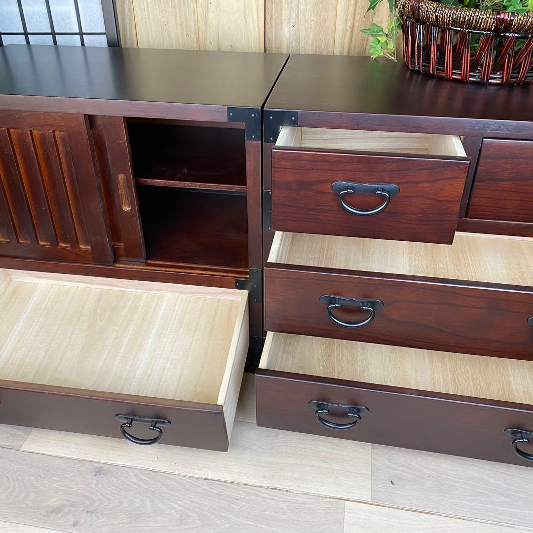 民芸家具和箪笥2点セット（三段四つ引き＋引き戸チェスト）木製桐材無垢和室和風総桐