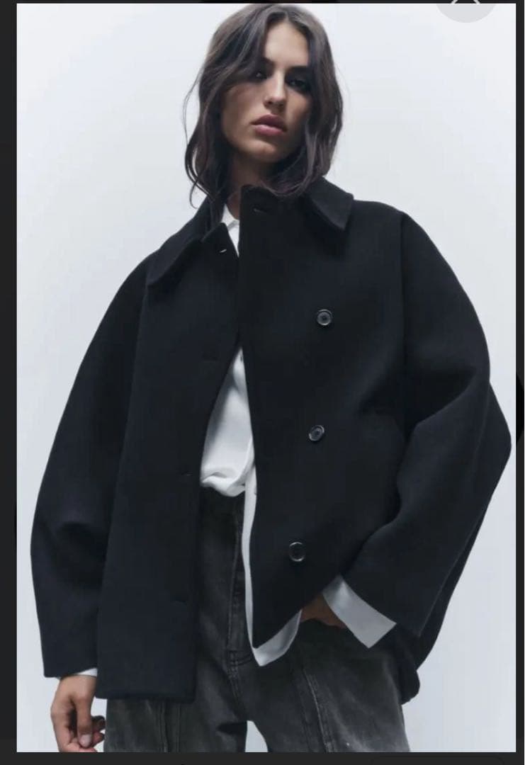 ★期間限定★美品　ZARA／クロップド MANTECOウールコート　／黒／M-L