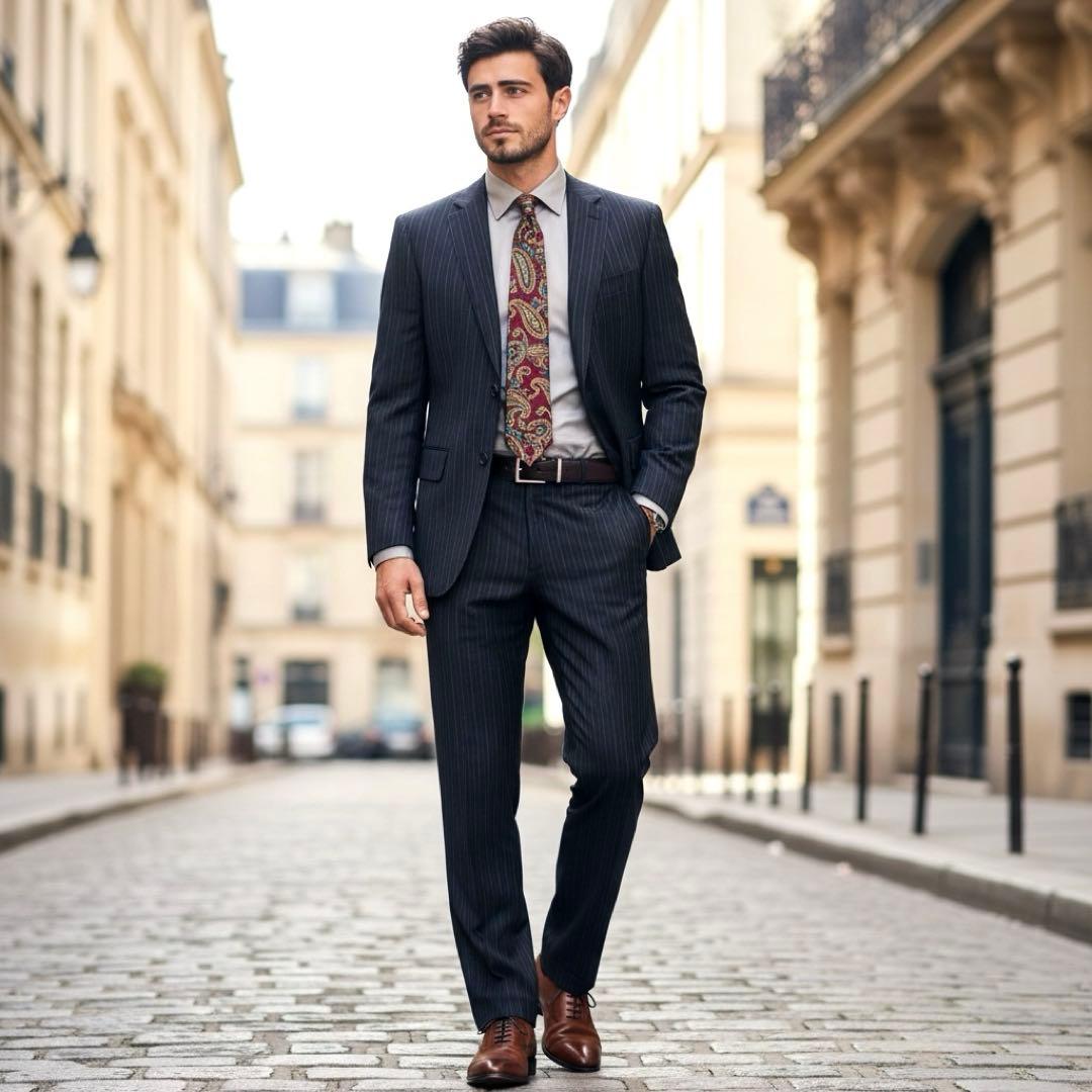 国産美品✨Paul Smith × zenia生地 ストライプ 2ピース紺 M