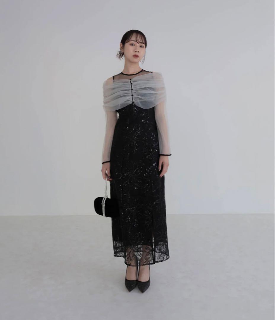 LEJA チュールオフショルダー花柄Iラインドレス ブラック　S