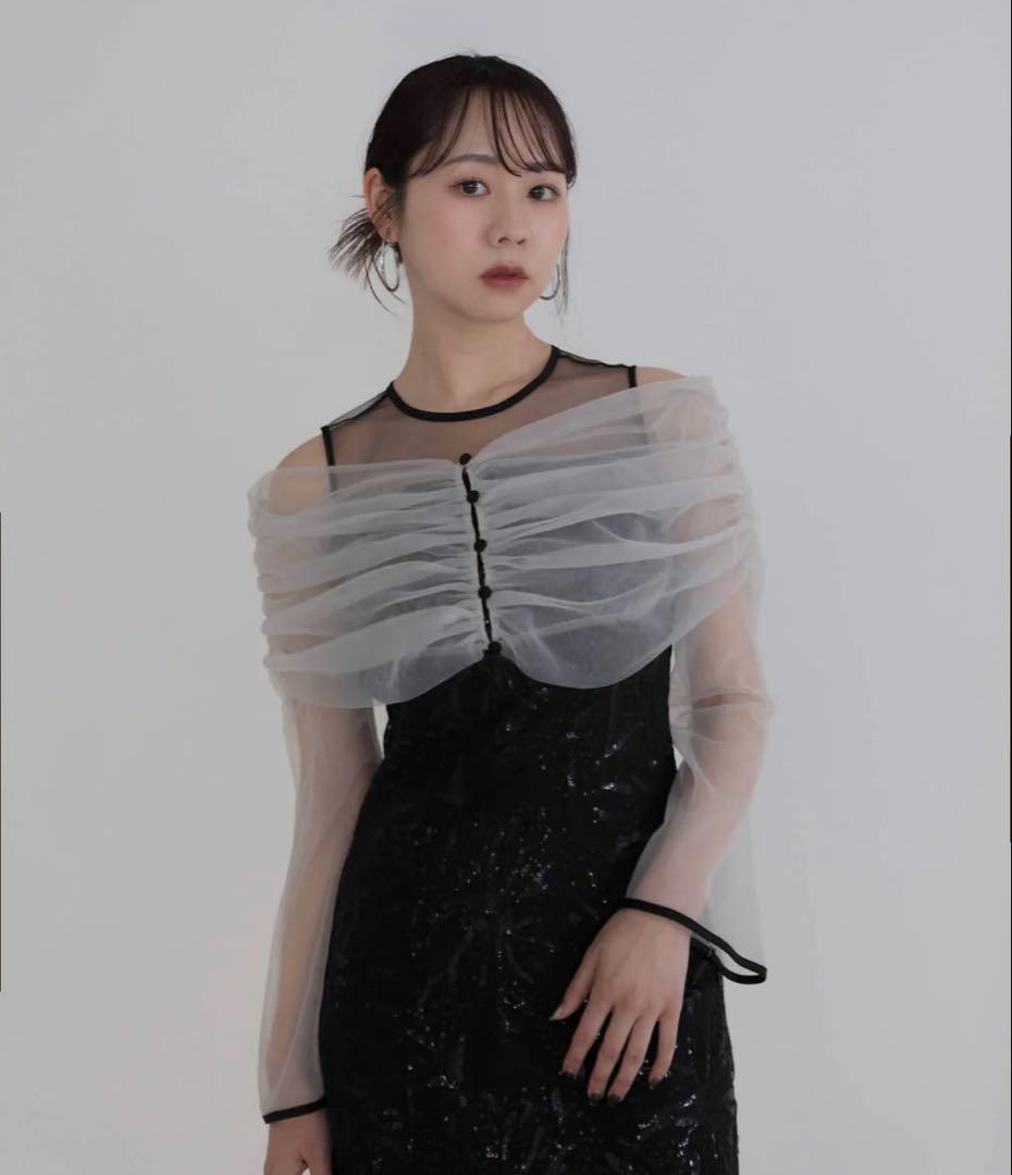 LEJA チュールオフショルダー花柄Iラインドレス ブラック　S