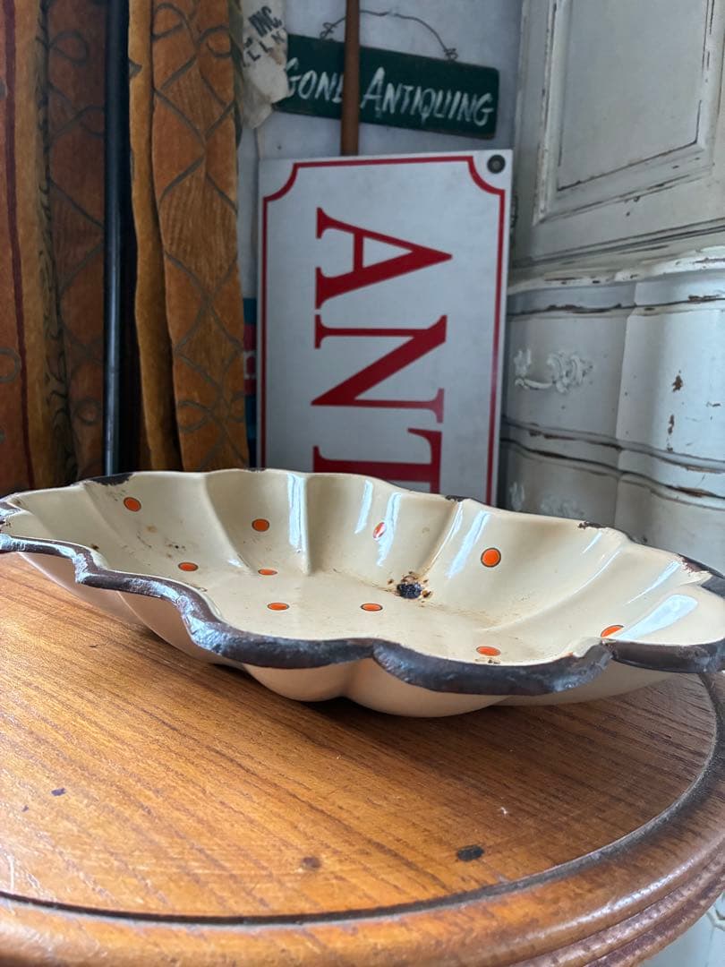 フランス　アンティーク　ホーロー　トレイ　プレート　ポルカ　ドット　水玉　レア
