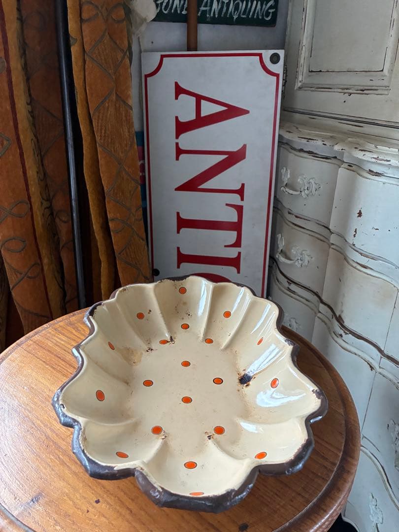 フランス　アンティーク　ホーロー　トレイ　プレート　ポルカ　ドット　水玉　レア