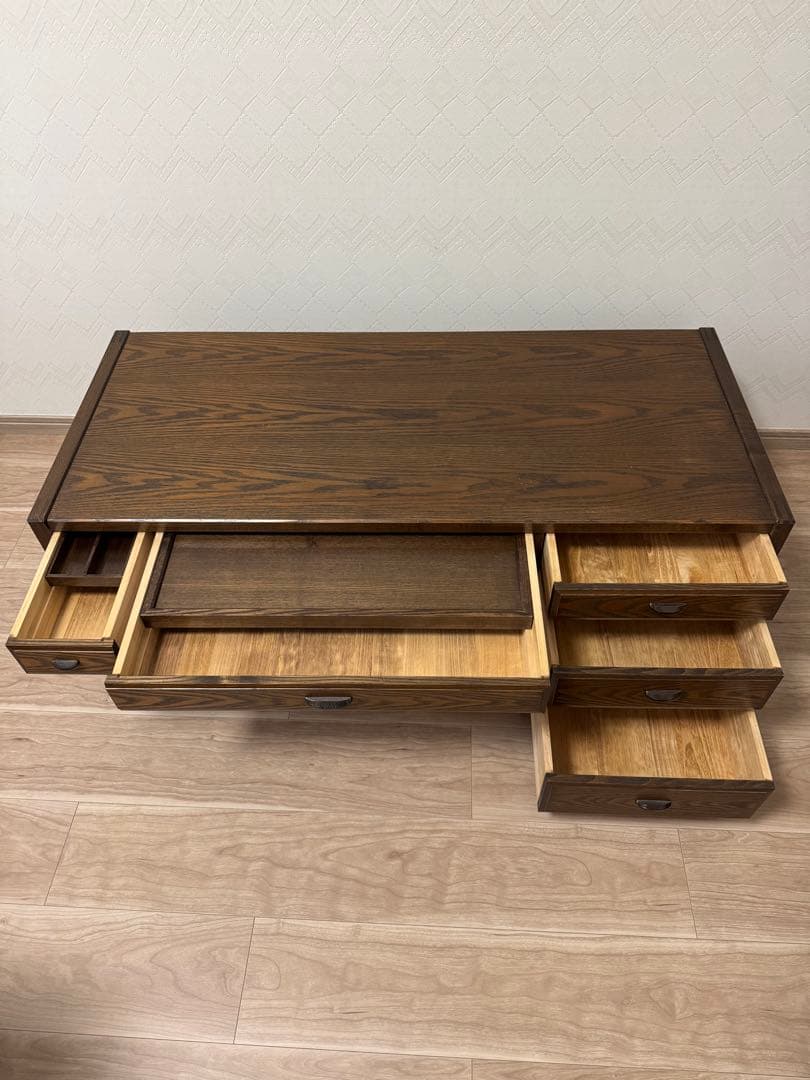 机　文机　座机　ローデスク　座卓　　　ダークブラウン木製デスク 5引き出し
