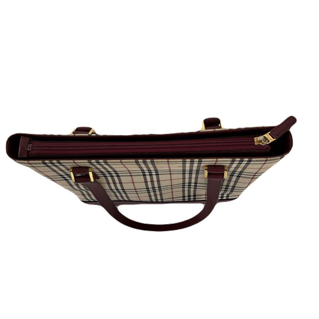 バーバリー　ノバチェック柄　トートバッグ ベージュ/バーガンディ　舟形