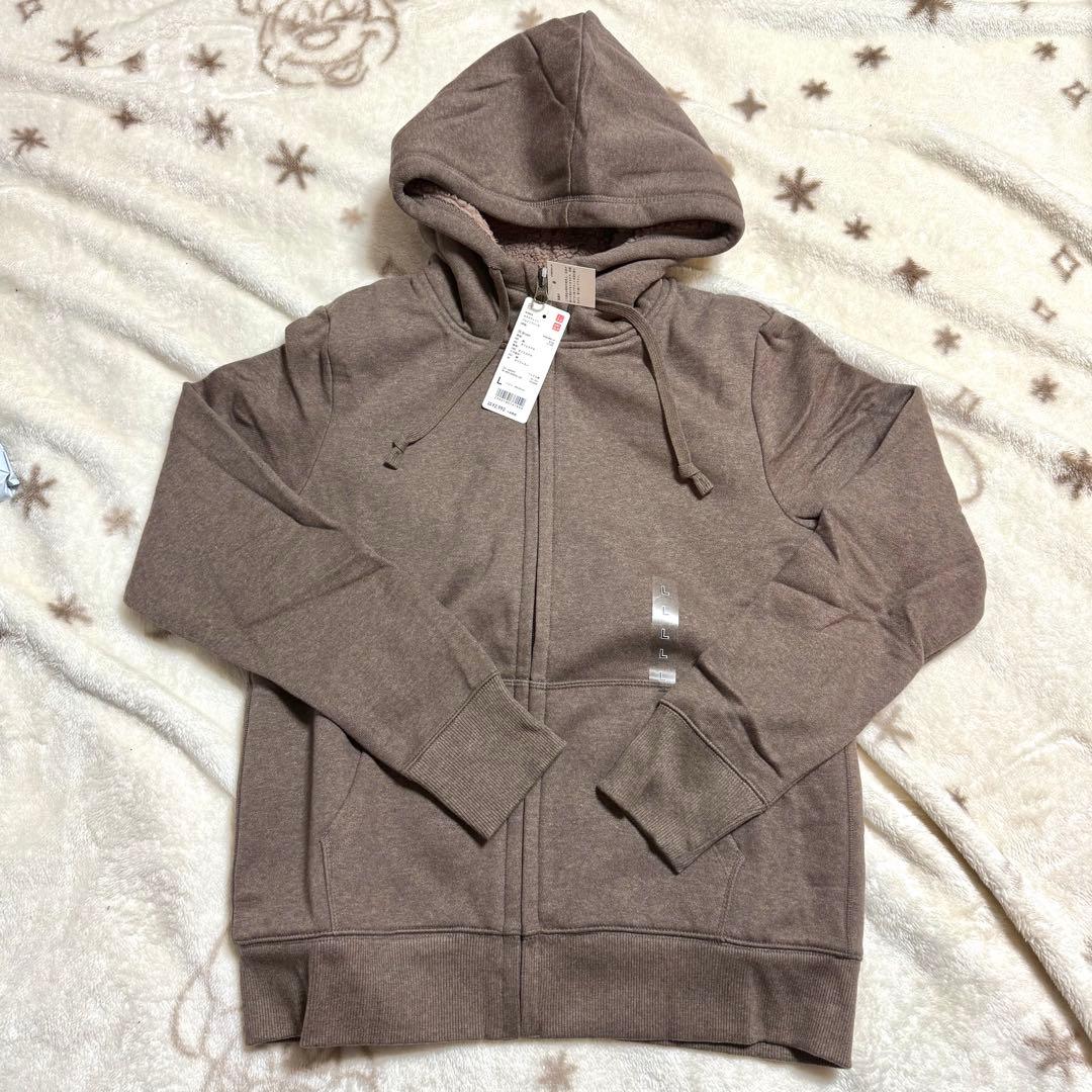【タグ付き】ユニクロ　ボア　スウェット　フルジップ　パーカ　パーカー　黒　茶