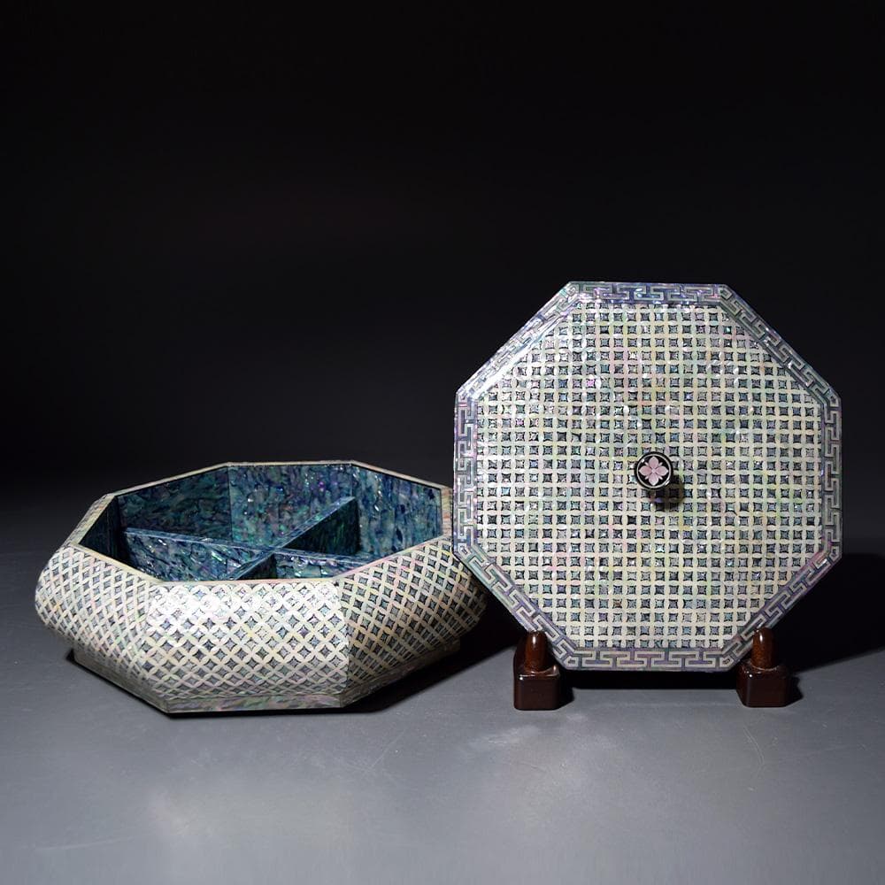 朝鮮美術 朴鎬仁 螺鈿細工 八角 蓋付 小箱 小物入 菓子鉢 螺鈿 骨董 古美術