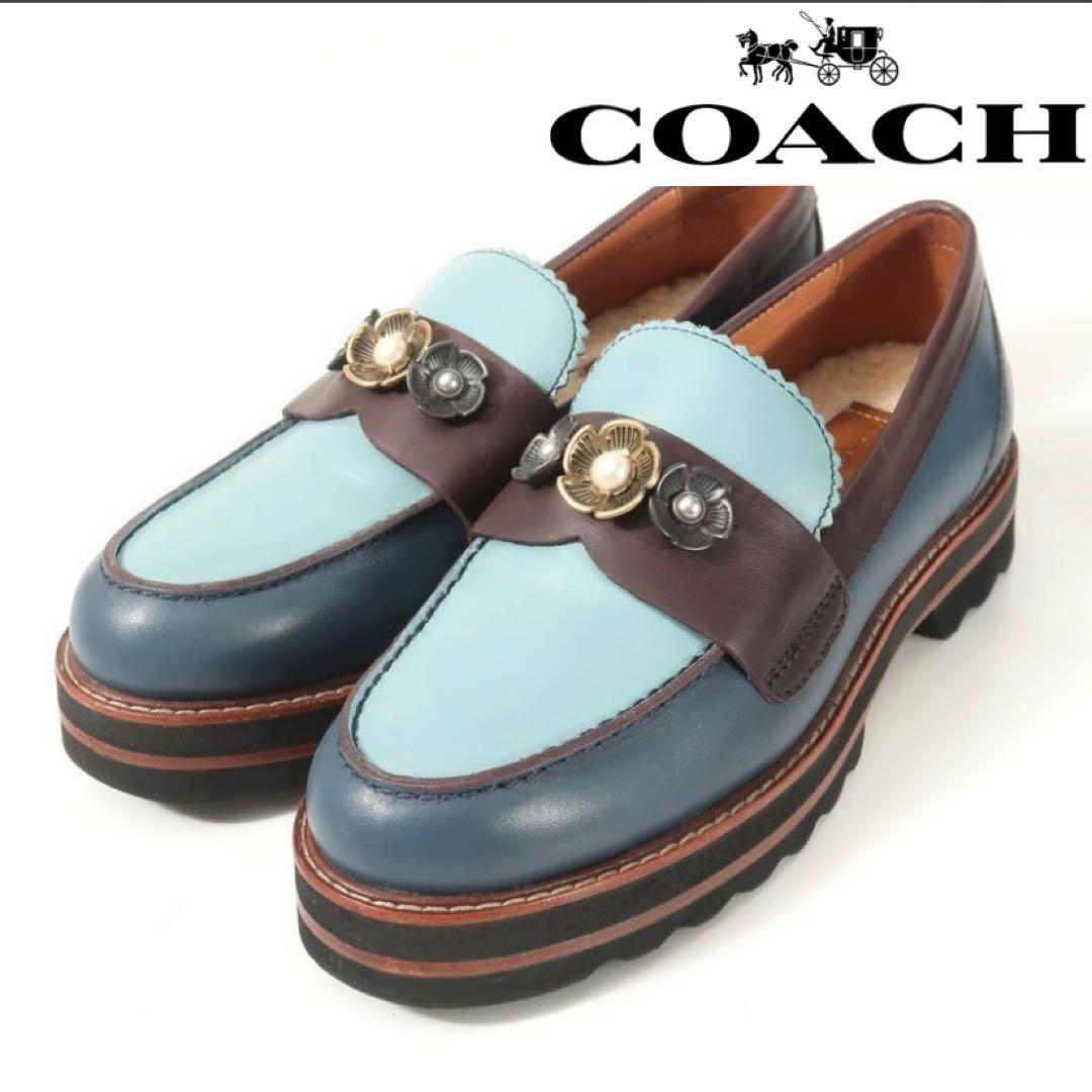 【美品】コーチ レザー 厚底ローファー 23.5cm フラワーモチーフ