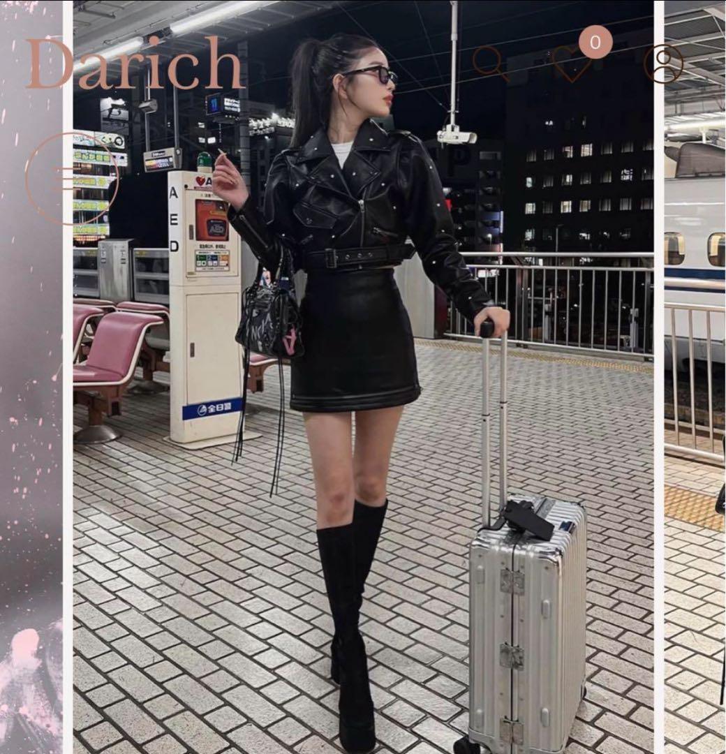 Darich ダーリッチ ランダムビジューライダース ジップレザーミニスカート