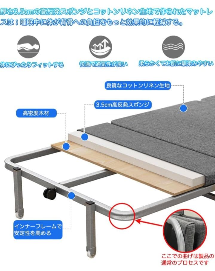 折りたたみベッド シングル キャスター付 200kg耐荷重 　グレー　幅70㎝